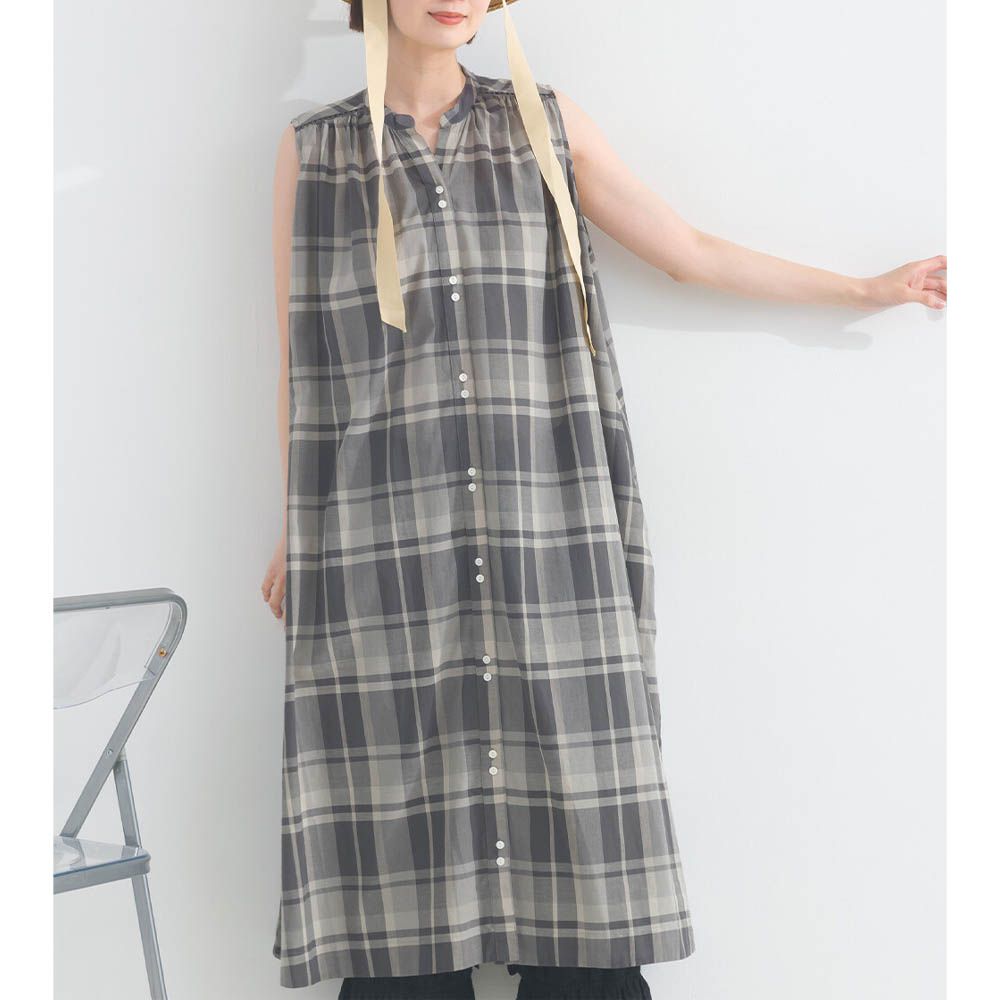 100%棉 漸層色輕盈格紋無袖洋裝-灰