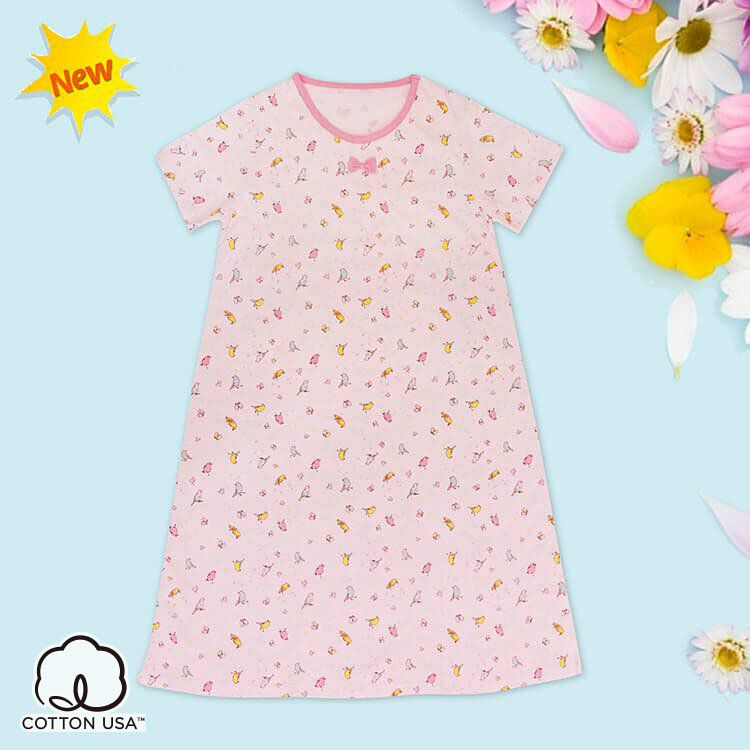 Annypepe - 女童純棉鳥語花香短袖居家睡衣洋裝-淺粉 (130-150cm)