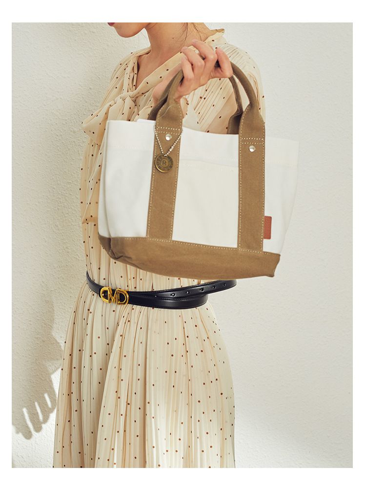 加厚大容量帆布手提包/便當袋-夾層可拆-白+深藍 (20.5x15x21.5cm)