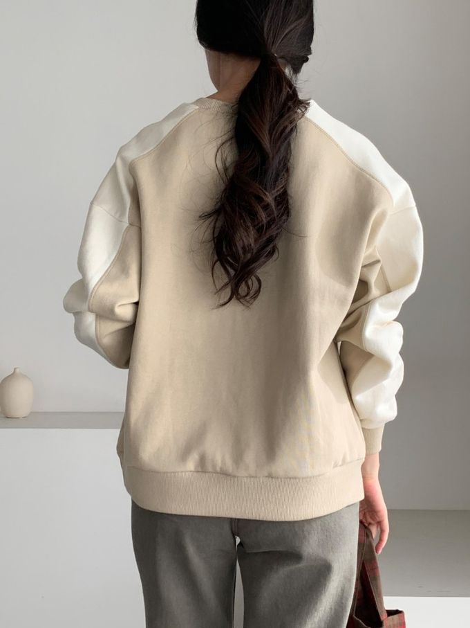 韓國女裝連線 - 撞色設計內磨毛大學T-卡其X米白 (FREE)