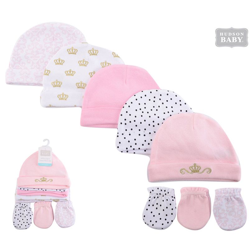 美國 Luvable Friends - 甜蜜寶貝100%純棉新生兒棉帽 保暖帽5件組+防抓手套 護手套3入組-金皇冠 (0-6M)