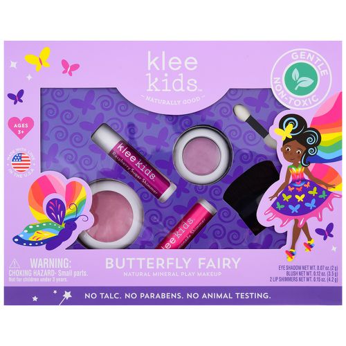 美國 Klee Kids - 蝴蝶仙子彩妝組-丁香紫礦物眼影盒(2g)+柔玫粉礦物腮紅盒(3.5g)+粉檸檬亮光潤唇膏+(4.2g)+寶貝紅亮光潤唇膏+(4.2g)+雙頭眼影棒/腮紅刷(共6件)