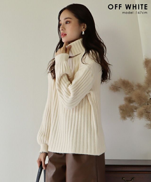 日本 BLUE EAST - 粗坑羅紋高領針織毛衣-咖啡