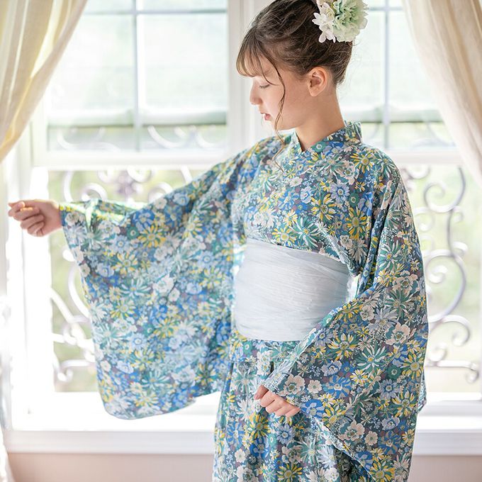 日本 Catherine Cottage - 夢幻2way純棉兵兒帶浴衣(可當洋裝)-滿版花卉-海軍藍