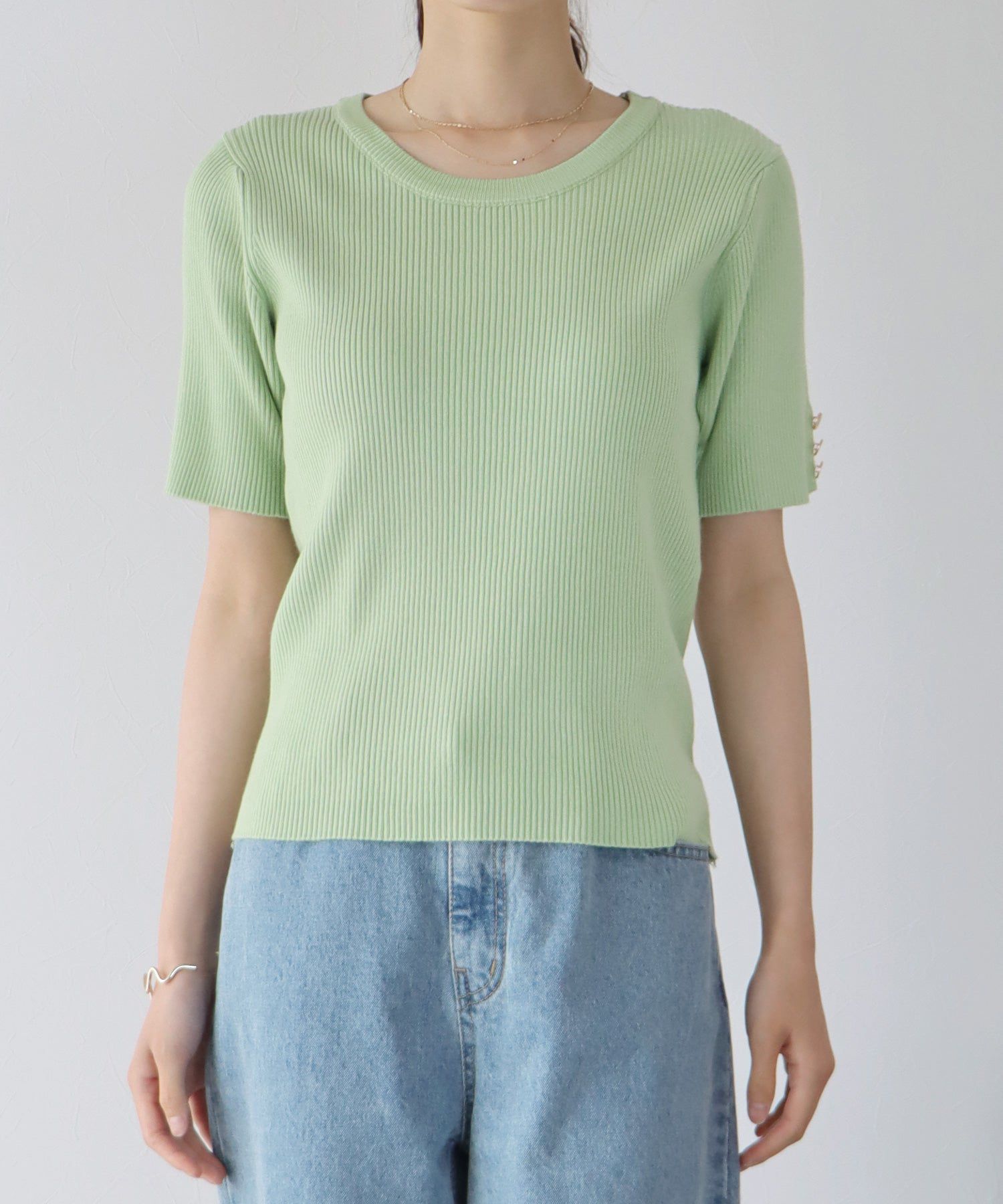 日本 BLUE EAST - 圓領金釦羅紋短袖上衣-白