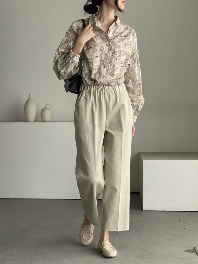 韓國女裝連線 - 花草圖樣翻領拼接長袖襯衫-卡其 (FREE)