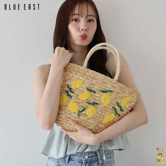 日本 BLUE EAST - 可愛水果刺繡夏日草編手提包-櫻桃