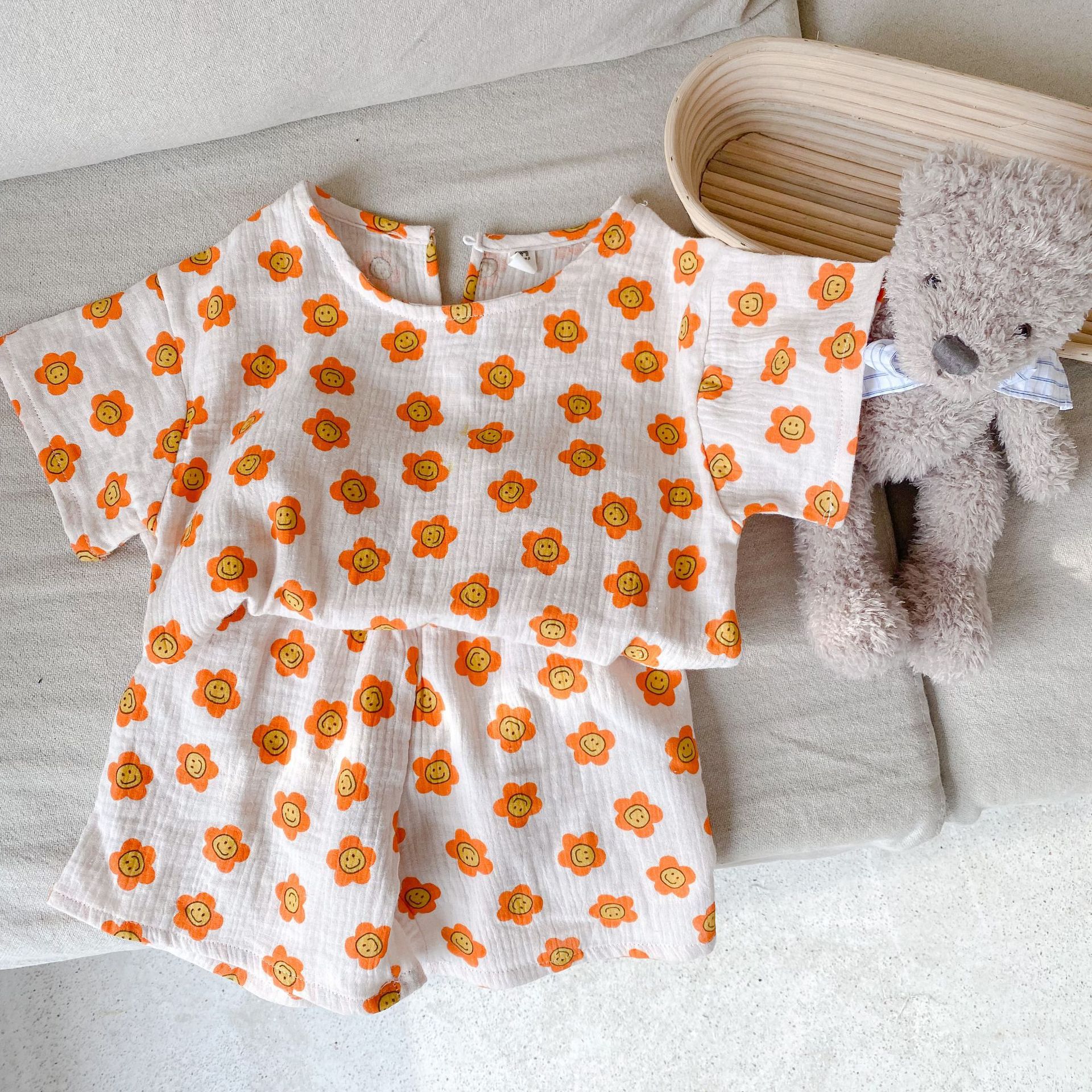 紗布棉短袖家居服套裝-小碎花-奶油色