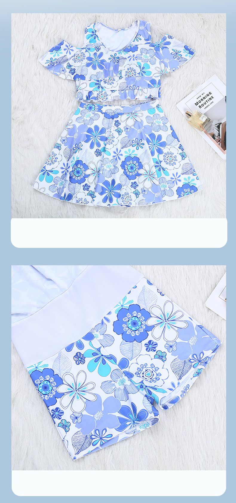 小清新高腰防走光露肩泳衣套裝-滿版花花-藍色