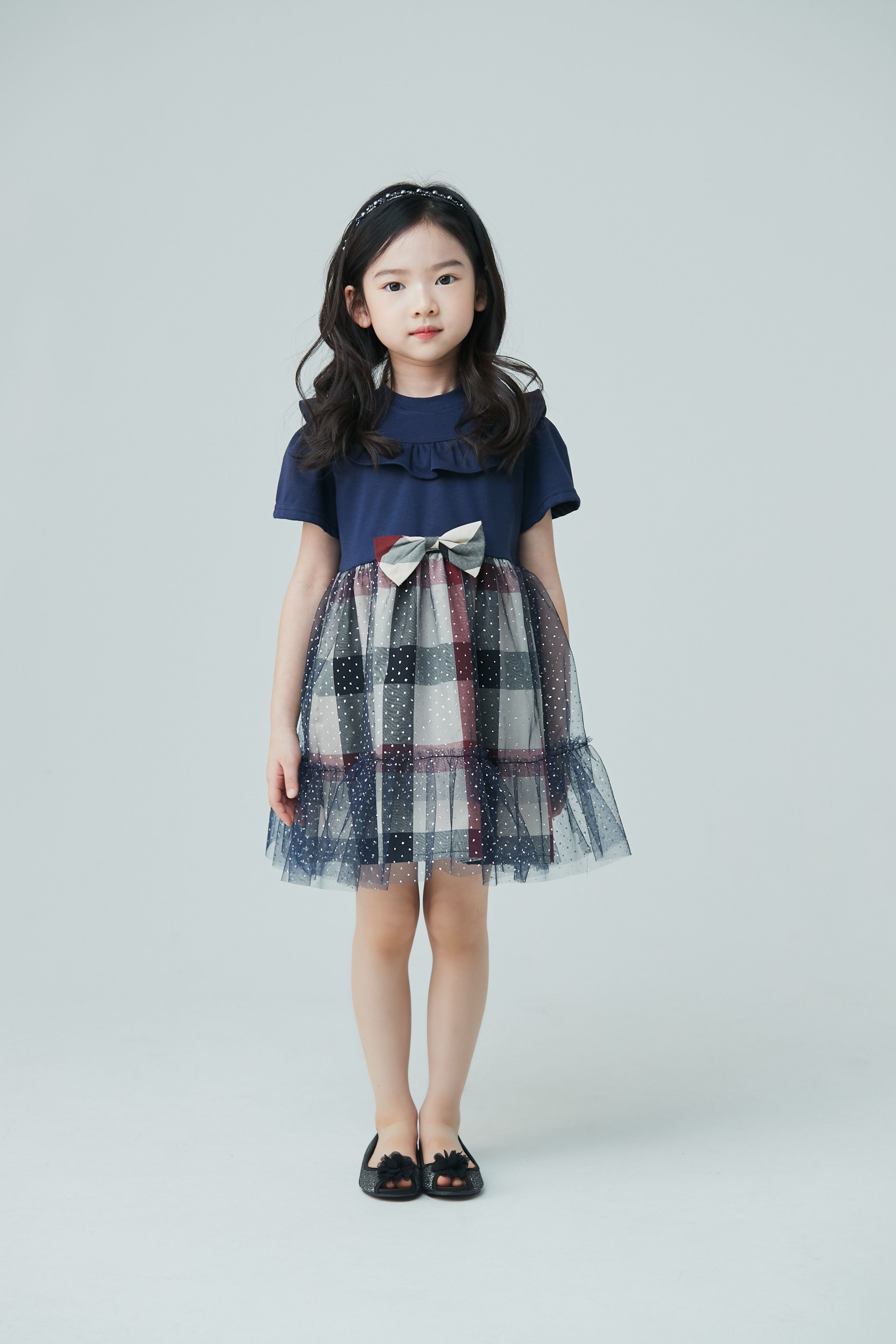 韓國 Coco Bang - 荷葉裝飾領網紗格紋裙洋裝