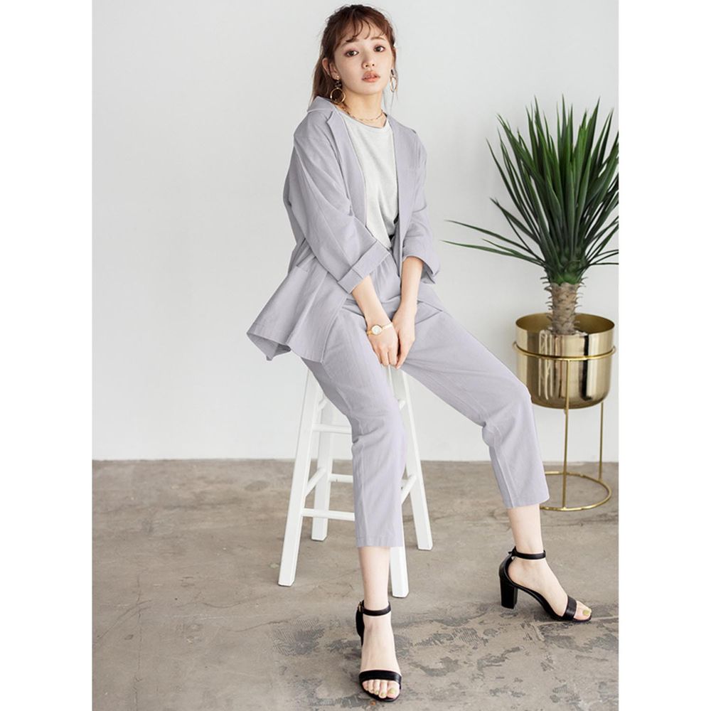日本 GRL - 純棉西裝外套x簡約長褲兩件組-灰藍