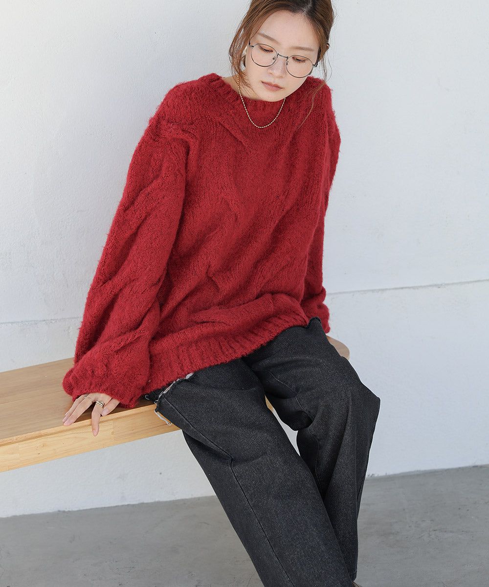 日本 Bab - 季節感立體麻花大寬袖針織上衣-深灰