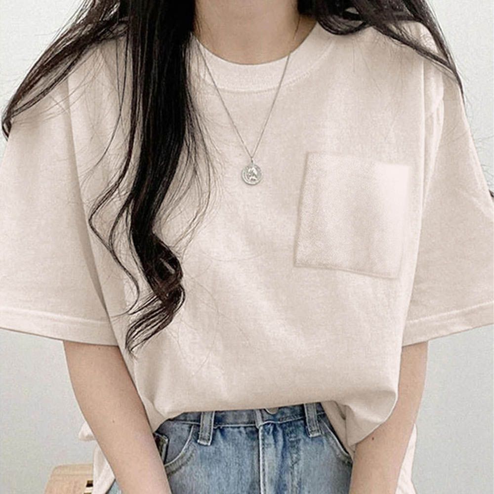 胸前口袋百搭短袖上衣-象牙白 (F)