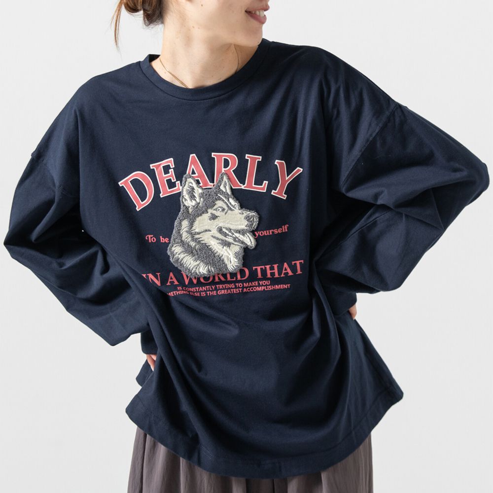 相良刺繡哈士奇印花帥氣長袖T恤-海軍藍