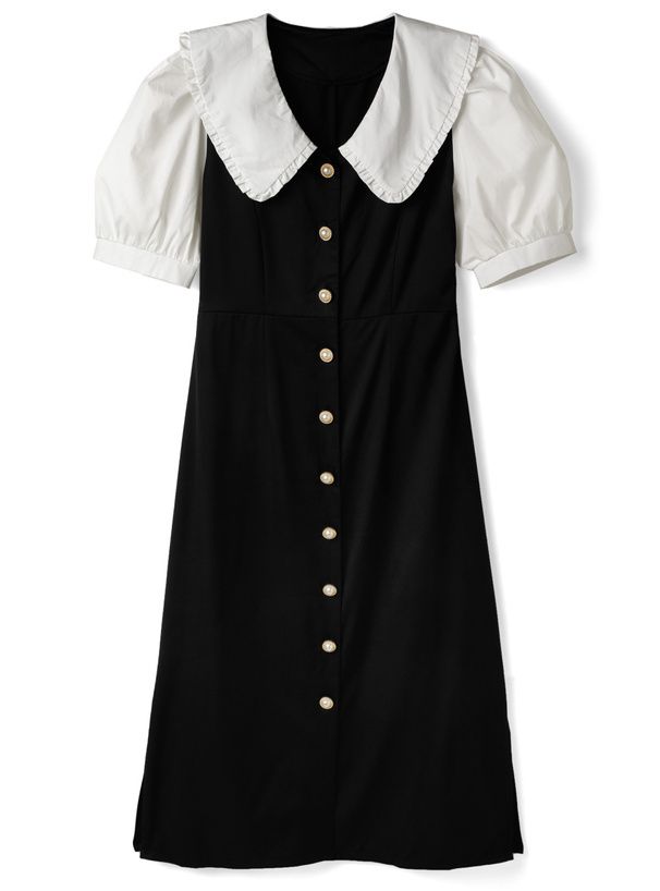 日本 GRL - 復古蕾絲領泡泡袖排扣洋裝-典雅黑