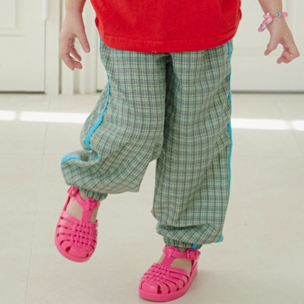 ERINJ 鬆緊腰撞色格紋純棉縮口褲-藍線條-綠X深灰