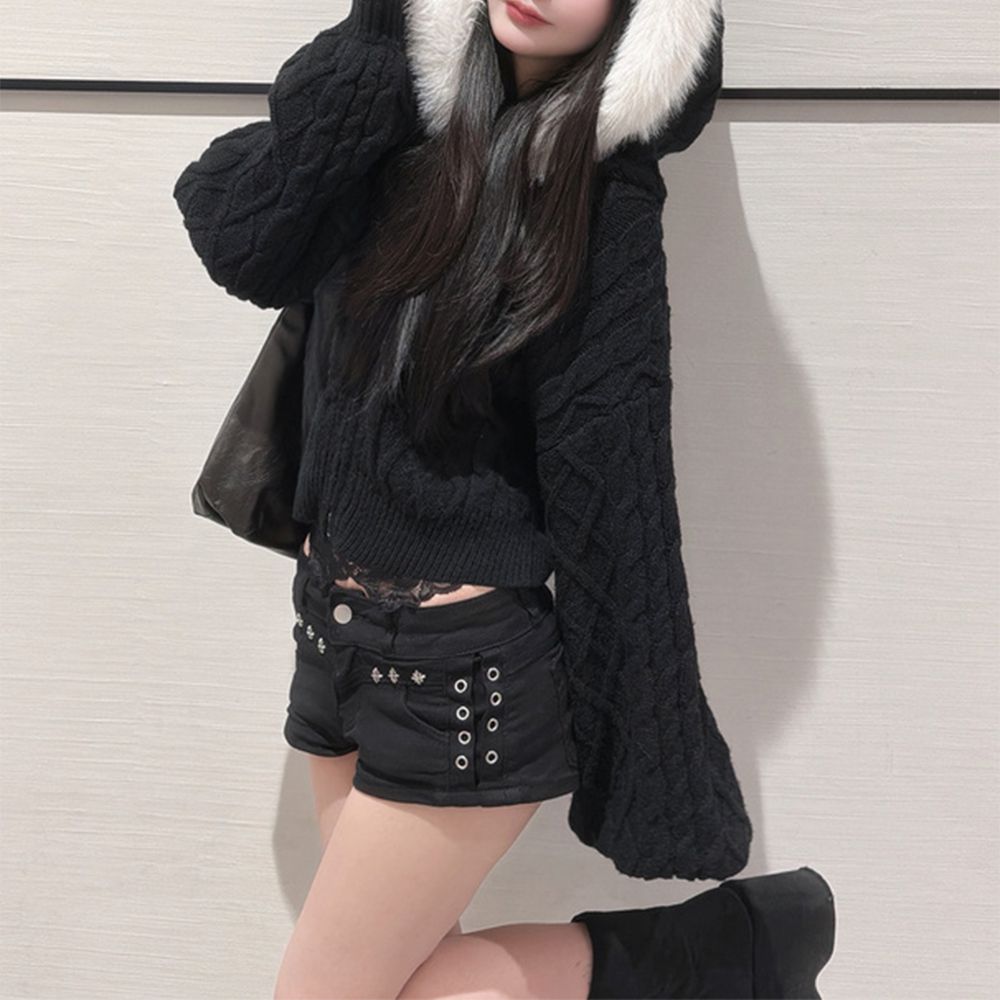 短版麻花針織溫暖毛絨連帽外套-黑 (F)