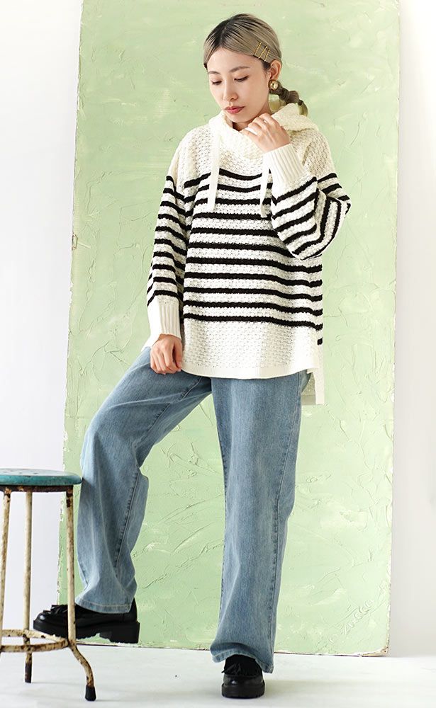 日本 zootie - 編織感柔軟抽繩連帽上衣-條紋-黑白