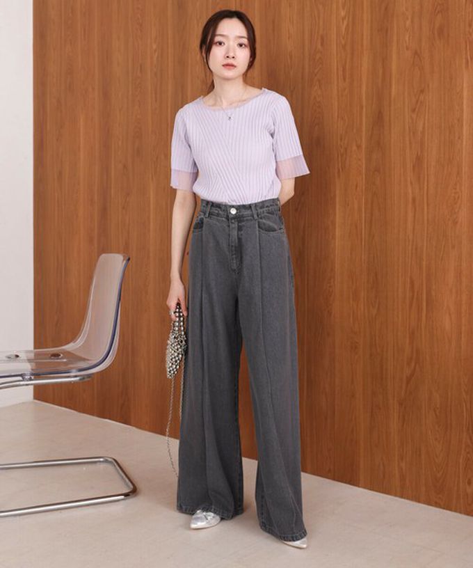 日本 Bab - 柔美異材質顯瘦羅紋五分袖上衣-炭灰