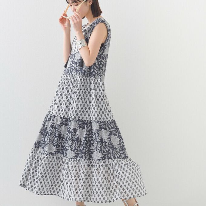 日本 OMNES - 100%印度棉 奢華印花流蘇無袖洋裝-紫