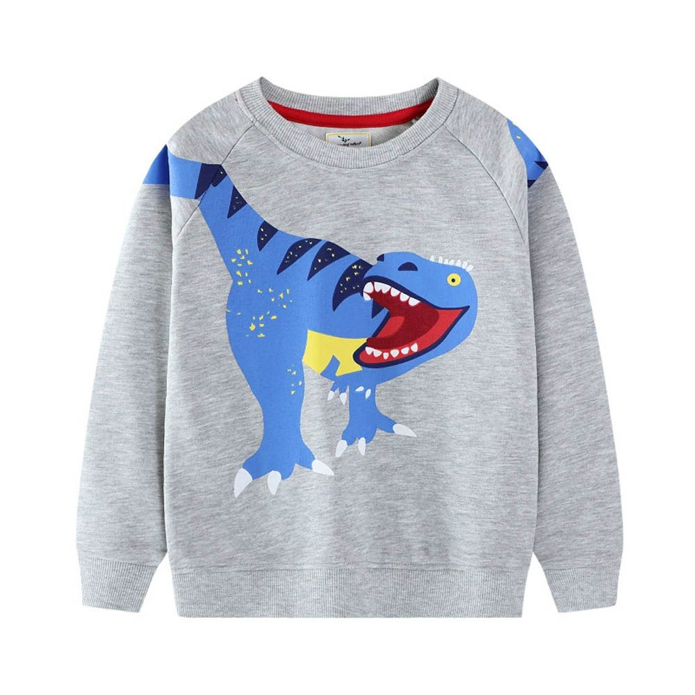 圓領棉質長袖上衣/大學T-長尾巴恐龍-灰色