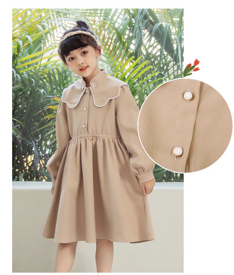 娃娃領燈芯絨長袖洋裝-卡其色