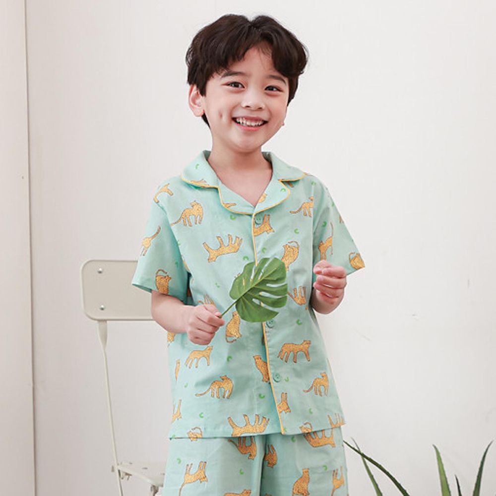 韓國 Ppippilong - 40支棉透氣短袖睡衣套裝-卡通獵豹