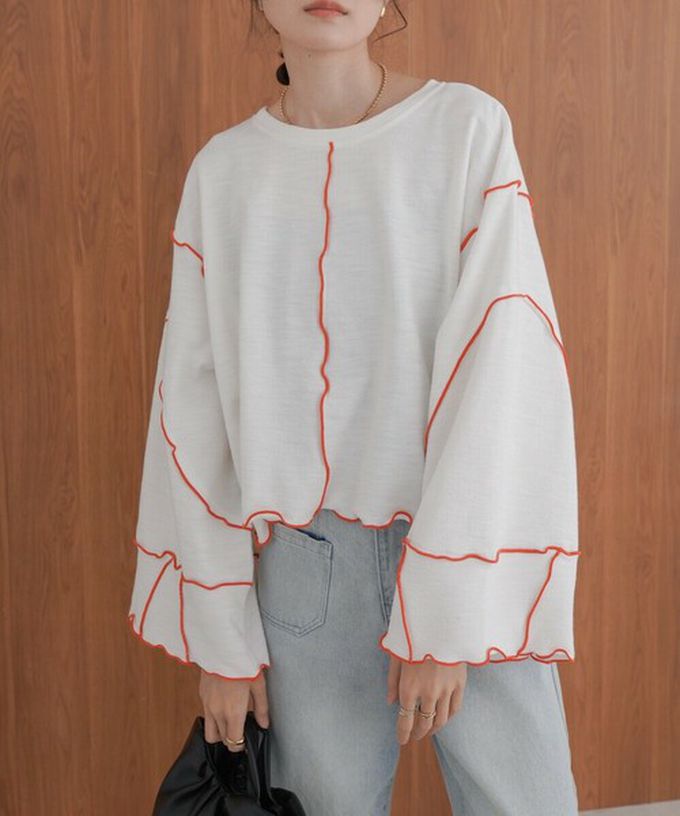 日本 Bab - 活力跳色感木耳邊大寬袖上衣-灰x淺黃