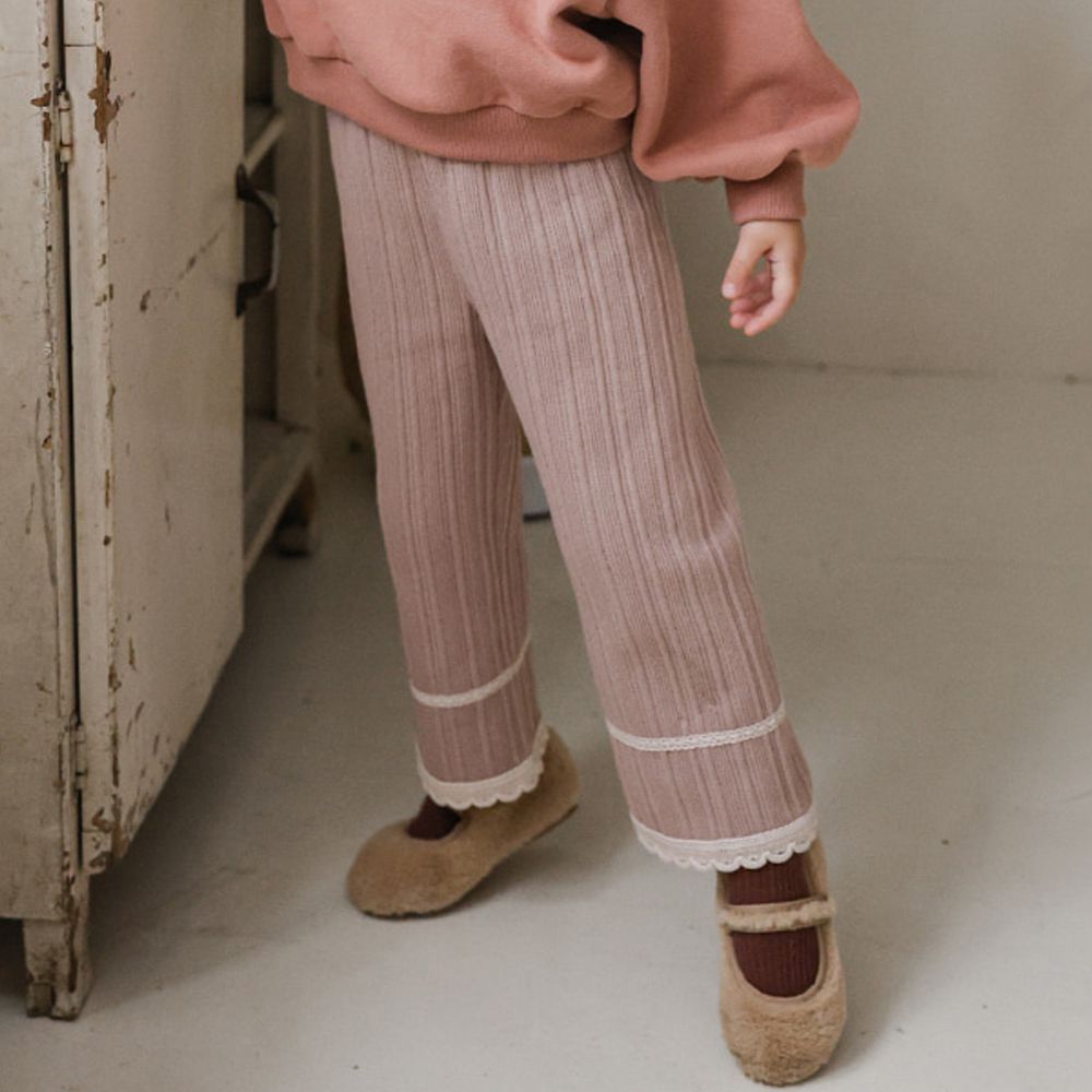 Puellaflo (內磨毛)鬆緊腰蕾絲花邊羅紋長褲-藕粉