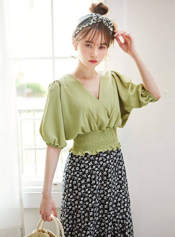 日本 GRL - V領五分袖縮腰上衣-磚橘紅