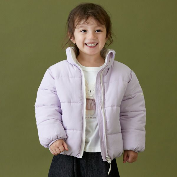 日本 petit main - 潑水加工 蓬鬆保暖鋪棉外套-深藍小花