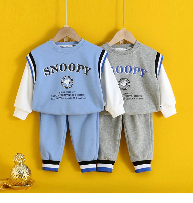 卡通人物史努比假兩件長袖套裝-斜眼SNOOPY-灰色