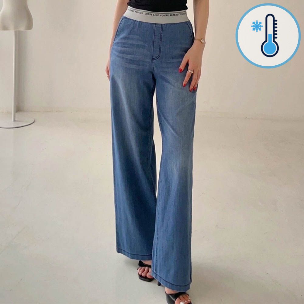 (Cool Max)鬆緊腰棉混紡輕薄丹寧寬褲-中青