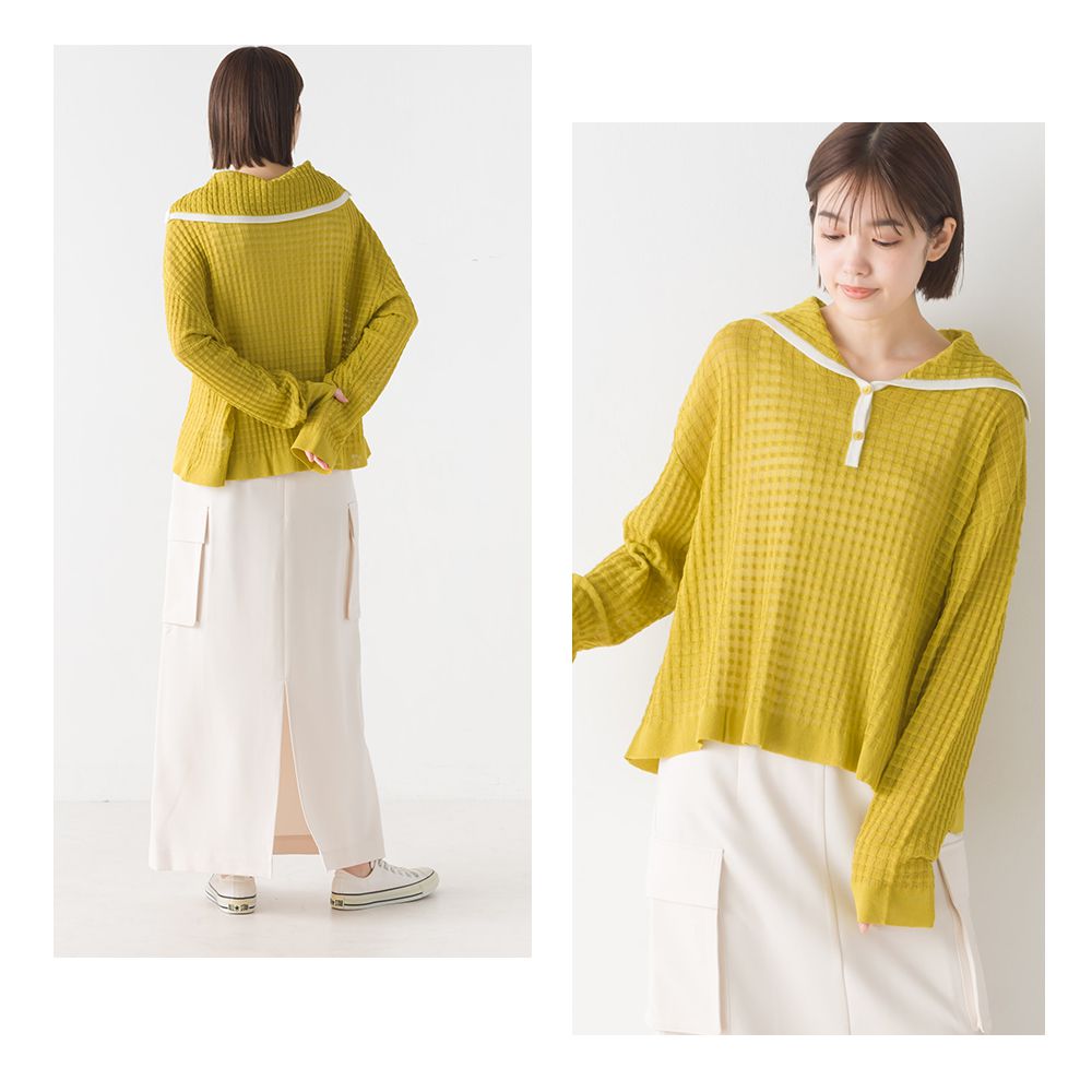 日本 OMNES - 水手領鬆餅紋薄針織上衣-水藍