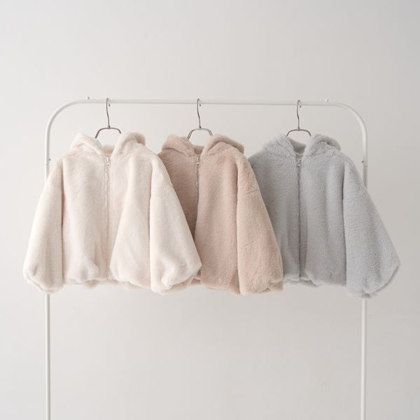 日本 Lycee mine - 泰迪熊蓬鬆感連帽外套-卡其米