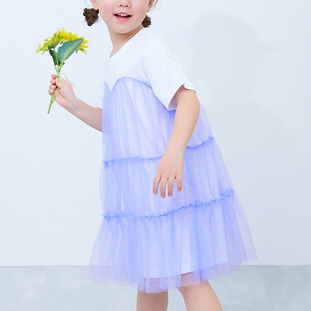 柔軟薄紗拼接甜美短袖洋裝-紫羅蘭