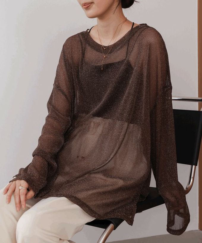 日本 Bab - 光澤閃耀透膚寬版長袖上衣-咖啡