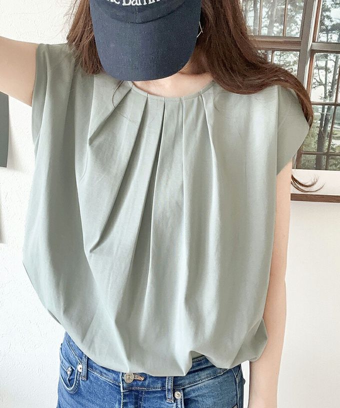 日本 Classical Elf - 接觸涼感 柔美皺摺法式袖上衣-煙燻綠