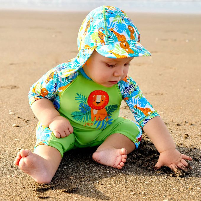 英國 JoJo Maman BeBe - 嬰幼兒/兒童泳裝戲水UPF50+防曬護頸遮陽帽-叢林探險