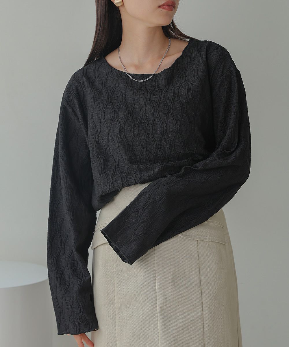 日本 Bab - 質感波紋薄長袖上衣-黑