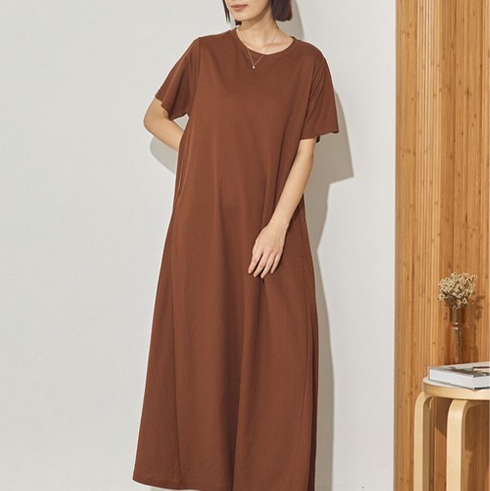 接觸涼感 嫘縈傘擺素色短袖洋裝-咖啡棕