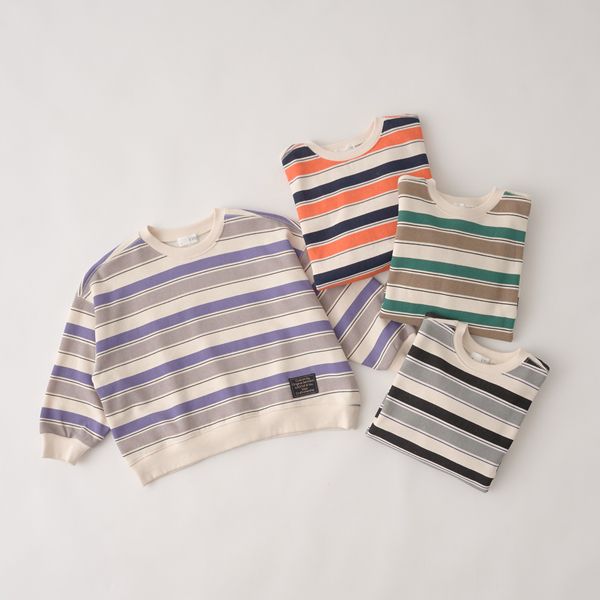 日本 b-ROOM - 裏起毛亮色系大落肩條紋上衣-黑灰系