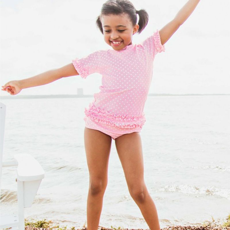 美國 RuffleButts - 小女童UPF 50+防曬兩件式短袖泳裝-粉色圓點