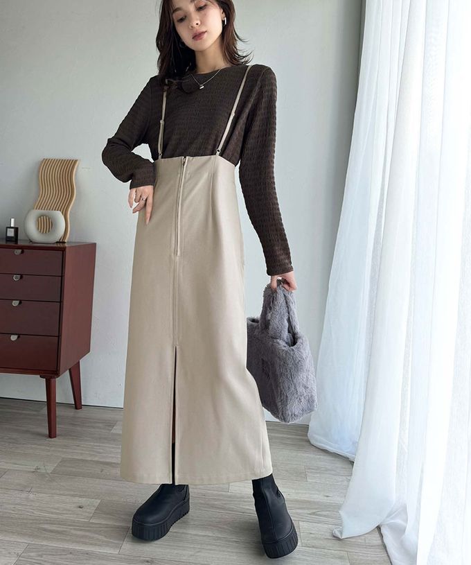 日本 Classical Elf - 前後2WAY簡約大口袋開叉吊帶裙-黑