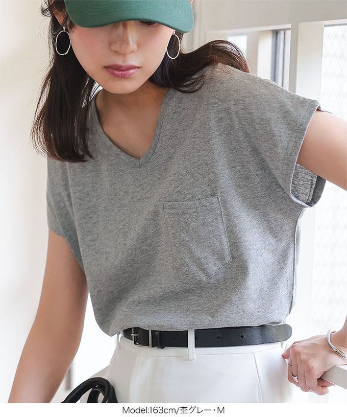 日本 Kobe Lettuce - 抗透汗 純棉V領口袋修身短袖上衣-黑