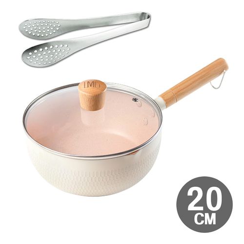 日式錘紋不沾雪平鍋-象牙白-20cm(含蓋)+日式料理夾超值組