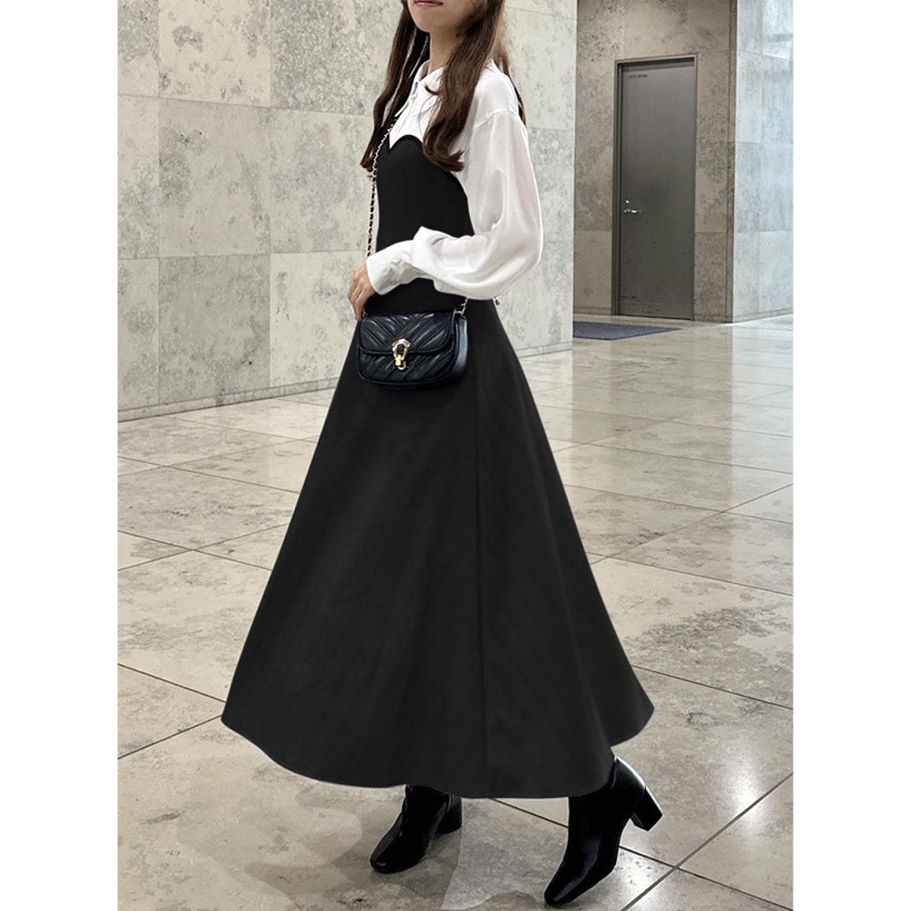 日本 GRL - 氣質桃心領拼接長袖洋裝-黑x白