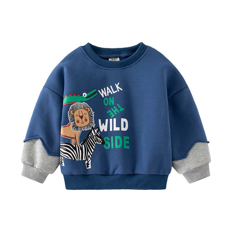 WELLKIDS - 加絨拼色圓領長袖上衣-動物散步-黃+綠