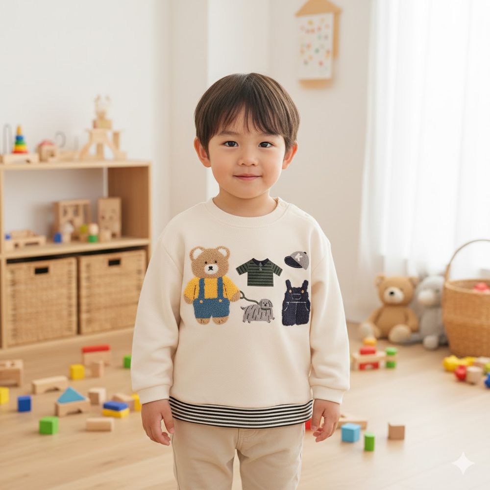 長袖休閒上衣--凸毛繡-象牙白色