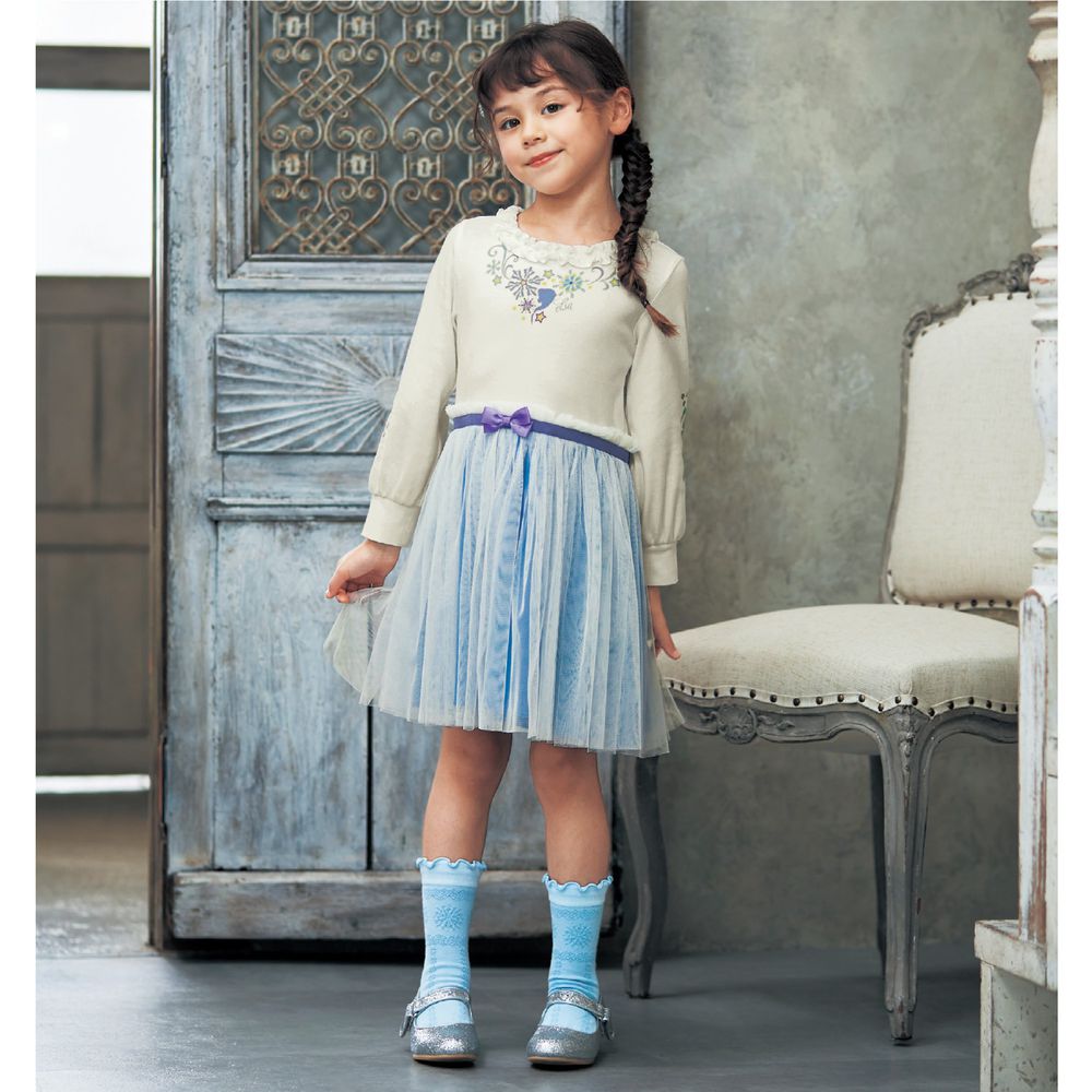 日本千趣會 - 聯名款 華麗印花雪紡拼接長袖洋裝-冰雪藍白